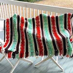 Handmade Vintage Boho Afghan Large Open Weave Crochet Boho Granny Cottage